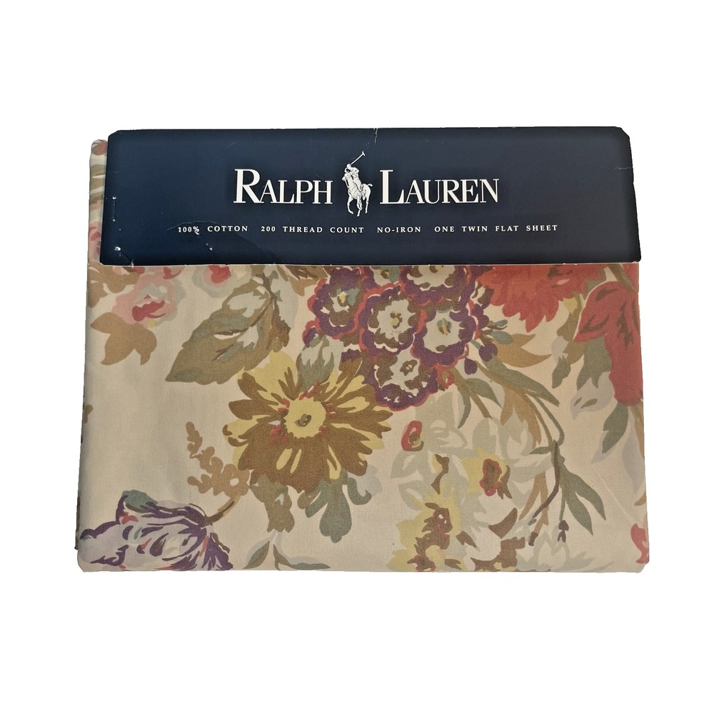 New Vintage Ralph Lauren Kirsten TWIN Flat Bed Sheet Beige Floral New Old Stock